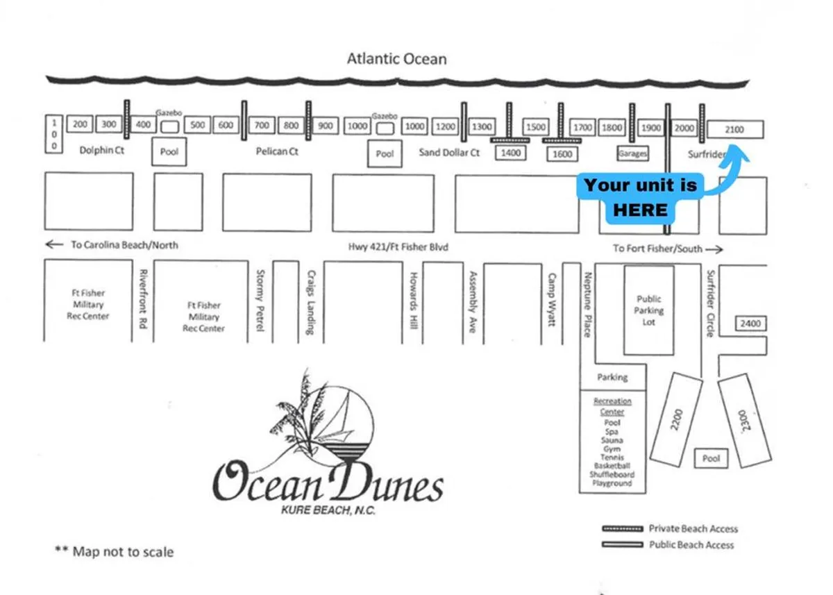 This interior image offers a broad view of community amenities, with clear sightlines to ocean access, recreation areas, and the parking lot. It gives an overview of practical features available to guests, emphasizing both security and convenience.