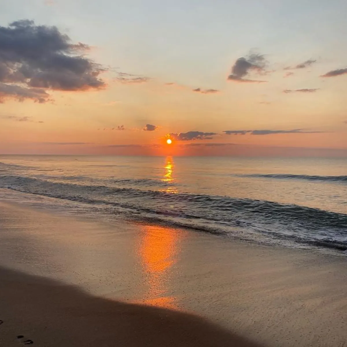 This image captures a tranquil sunset over the calm ocean and sandy beach. Soft golden light washes over the shoreline, evoking the peaceful atmosphere of beach walks and oceanfront relaxation.